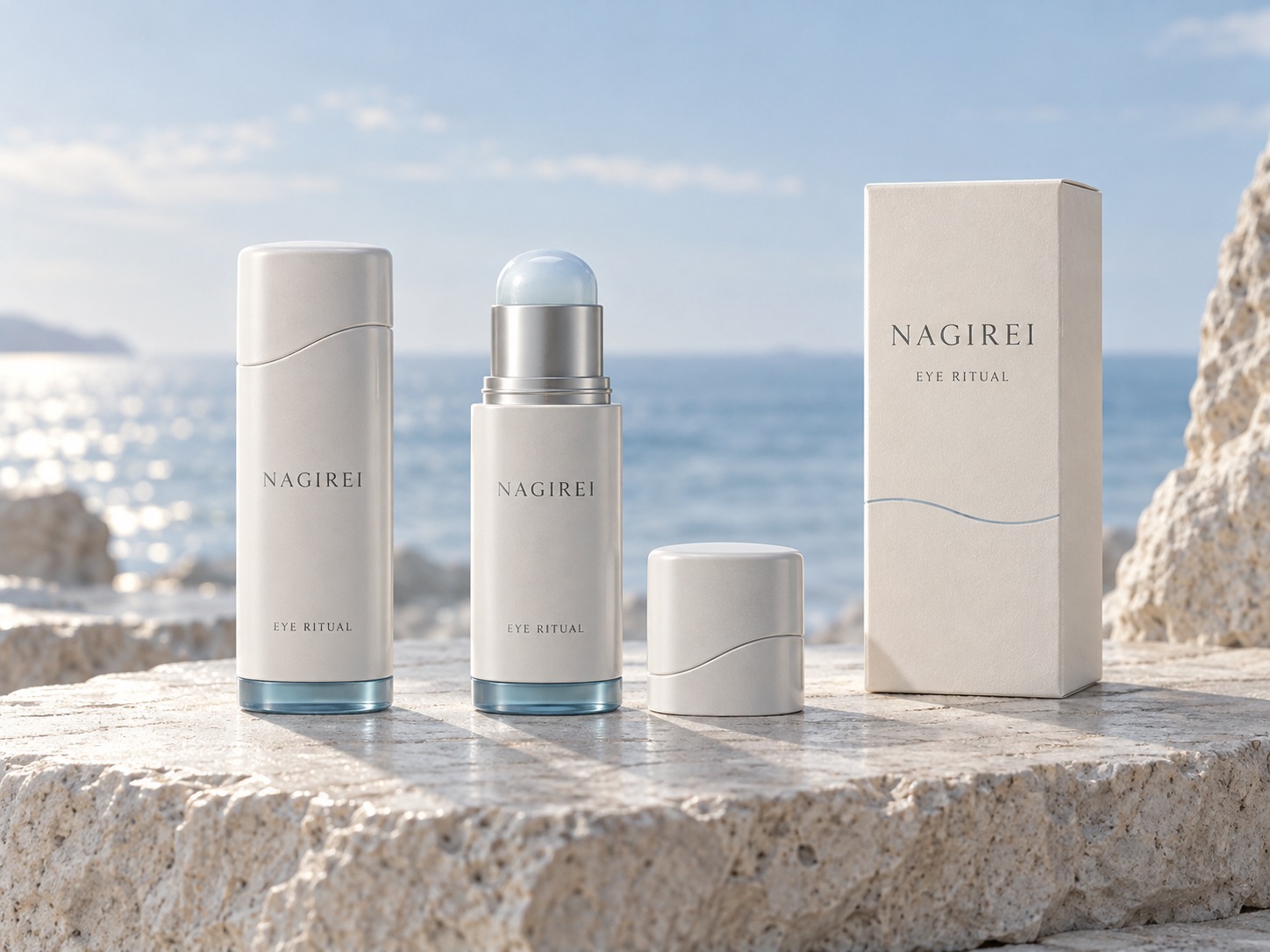NAGIREI Eye Ritual Tideform packaging visualization: ivory sticks and carton, sea-glass blue base rings, silver collar and curved Horizon Seams