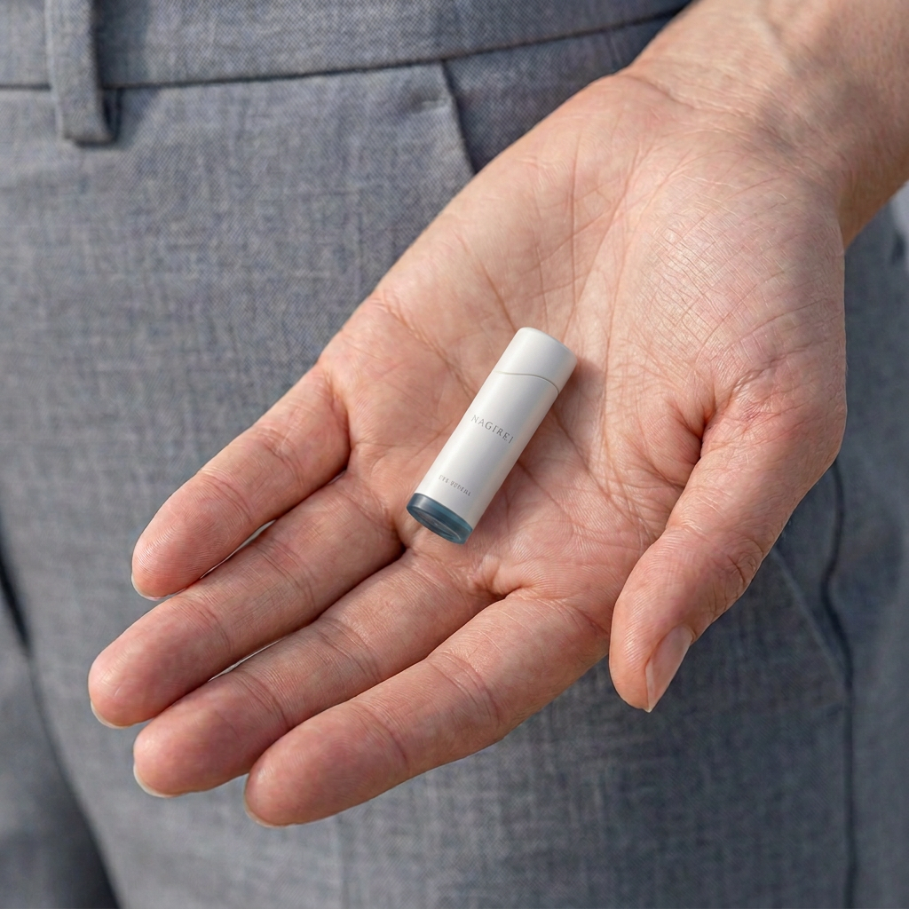A capped ivory Tideform stick with its curved Horizon Seam and sea-glass base rests in an adult palm beside charcoal trousers, illustrating intended compact scale