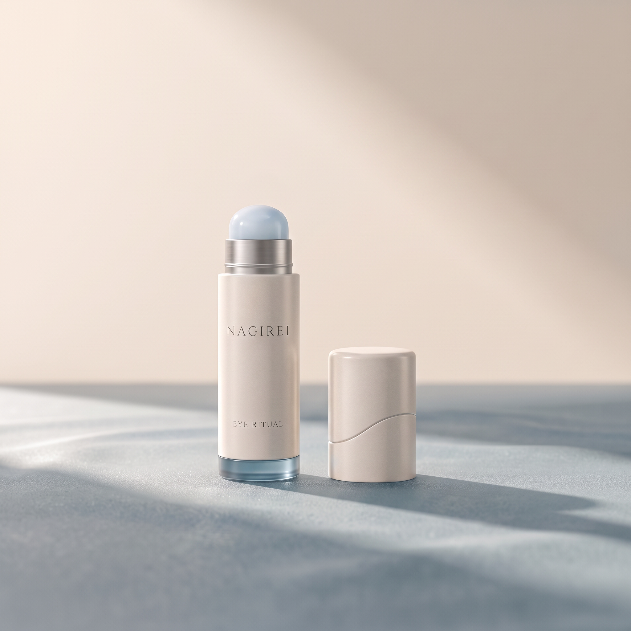 Tideform packaging concept: slim ivory stick, uncapped silver collar, pale translucent blue balm and sea-glass base ring beside its curved-seam cap